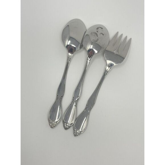 Oneida Community Chatelaine Glossy Serving Spoons Slotted Fork 8.25” Set Of 3 - Picture 5 of 8